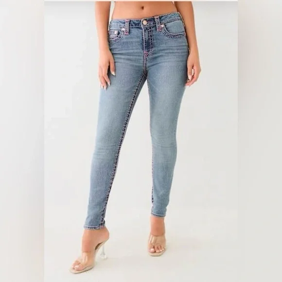 True Religion Jennie Curvy Pink Stitch Mid Rise Skinny TikTok Jeans Size 26/27 - Picture 2 of 10